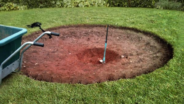 Grabung einer Kuhle f&uuml;r den Einbau eines Bodentrampolins. In der Mitte der Kuhle ist eine Schaufel zu sehen, dort ist die Kuhle bereits etwas tiefer ausgehoben. Links am Bildrand ist eine Schubkarre.