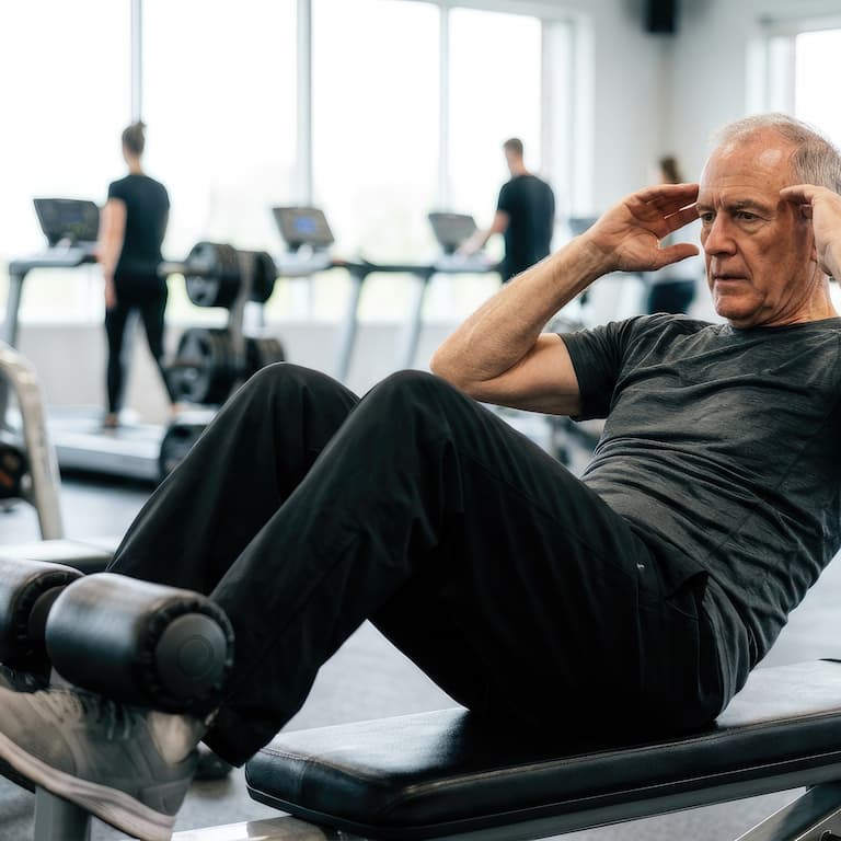 Ältere Person macht Sit-ups auf einer Hantelbank. Die Person hat ihre Beine unter die Polsterrolle geklemmt.