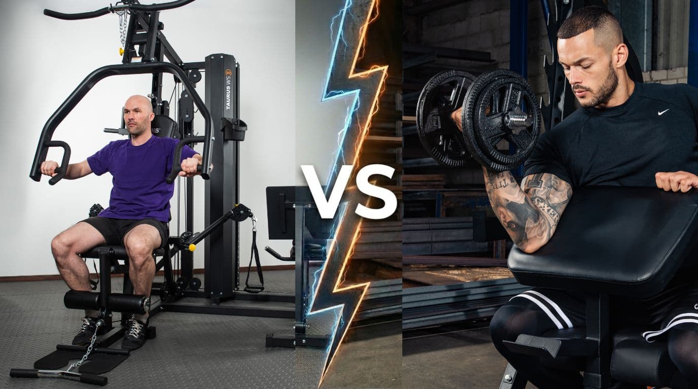 Abgebildet ist auf der linken Seite des Bildes eine Person, die an einer Kraftstation trainiert, und auf der rechten Seite eine Person, die Bizeps-Curls an einem Curl-Pult ausführt. In der Mitte steht „vs“.