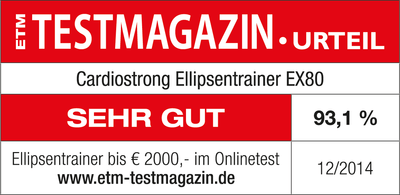 ETM Testmagazin (Ausgabe 12/2014) - Urteil: „Sehr gut“ (93,1 %) für dem cardiostrong Ellipsentrainer EX80. Ellipsentrainer bis 2.000 Euro im Onlinestest.