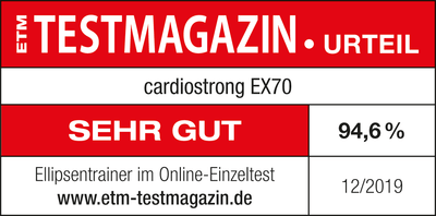ETM Testmagazin (12/2019) Ellipsentrainer im Online Einzeltest - Urteil „sehr gut“ (94,6 %) - cardiostrong EX70