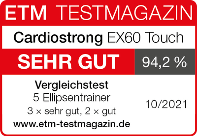 ETM Testmagazin (Ausgabe 10/2021): „sehr gut“ (94,2 %) - cardiostrong Crosstrainer EX60 Touch. Im Vergleichstest 5 Ellipsentrainer, 3x sehr gut, 2x gut