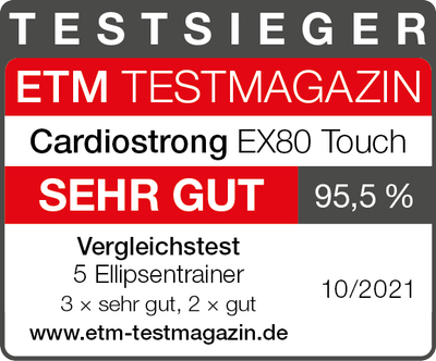 ETM Testmagazin (Ausgabe 10/2021): Testsieger „sehr gut“ (95.5 %) - cardiostrong Crosstrainer EX80 Touch. Im Vergleichstest 5 Ellipsentrainer, 3x sehr gut, 2x gut