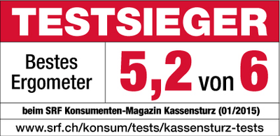 Testsiger - Bestes Ergometer beim SRF Konsumentenmagazin Kassensturz 01/2015: 5,2 von 6 Punkten
