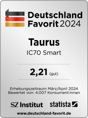 Siegel: Deutschland Favorit 2024 für das Taurus IC70 Smart mit der Note 2,21 (gut). Erhebungszeitraum März/April 2024. Bewertet von: 4.007 Konsument:innen. SZ Institut und statista. Homepage: www.deutschland-favorit.de