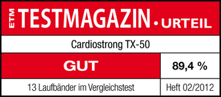ETM Testmagazin Urteil „Gut“ (89,4 %) für das cardiostrong TX-50. 13 Laufbänder im Vergleichstest. Heft 02/2012