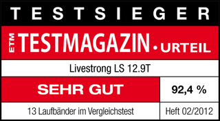 Testsieger - ETM Testmagazin Urteil „Sehr gut“ (92,4 %) für das Livestrong LS 12.9T. 13 Laufbänder im Vergleichstest. Heft 02/2012