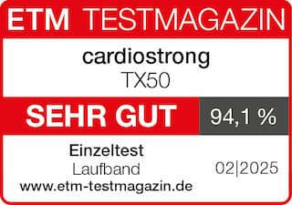 Bild der Auszeichnung des ETM Testmagazin für das cardiostrong Laufband TX50