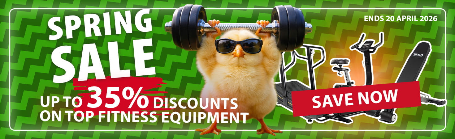 Ad banner with dark colors. In the center, an illustrated rabbit in workout clothes is shown lifting a barbell overhead. To the left, the texts read: “Easter Offers. Up to 40% discounts on top fitness equipment.” To the right, there are three pieces of fitness equipment, and the text reads: “Save now. Ends 20 April 2026.”