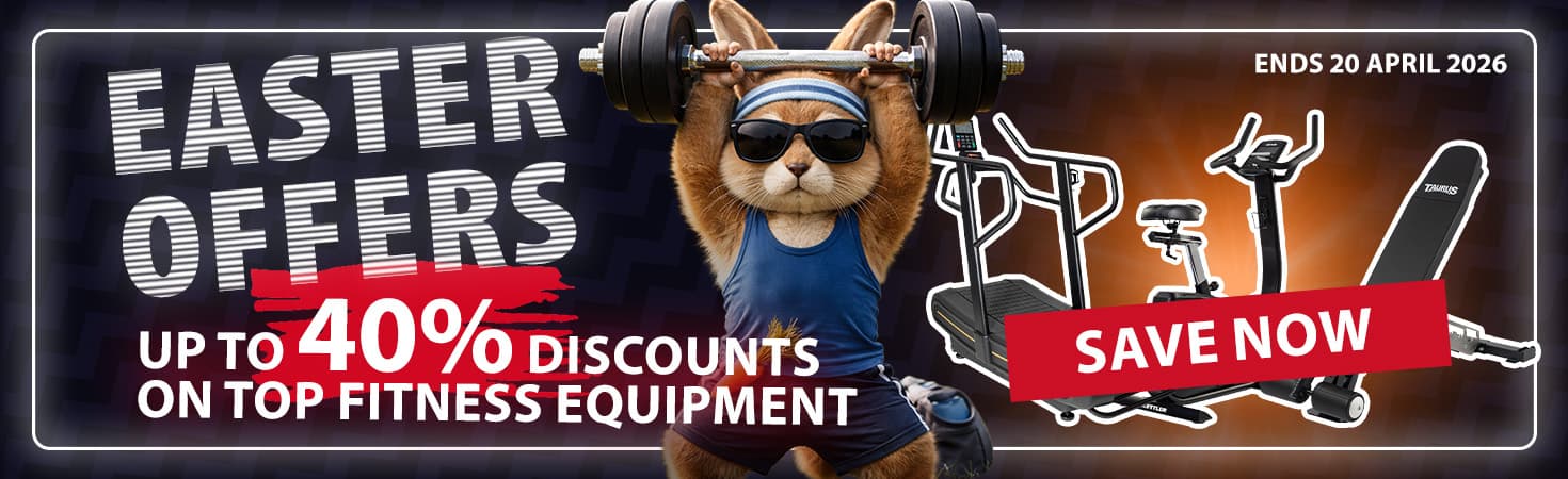 Ad banner with dark colors. In the center, an illustrated rabbit in workout clothes is shown lifting a barbell overhead. To the left, the texts read: “Easter Offers. Up to 40% discounts on top fitness equipment.” To the right, there are three pieces of fitness equipment, and the text reads: “Save now. Ends 20 April 2026.”