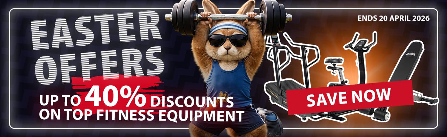 Ad banner with dark colors. In the center, an illustrated rabbit in workout clothes is shown lifting a barbell overhead. To the left, the texts read: “Easter Offers. Up to 40% discounts on top fitness equipment.” To the right, there are three pieces of fitness equipment, and the text reads: “Save now. Ends 20 April 2026.”