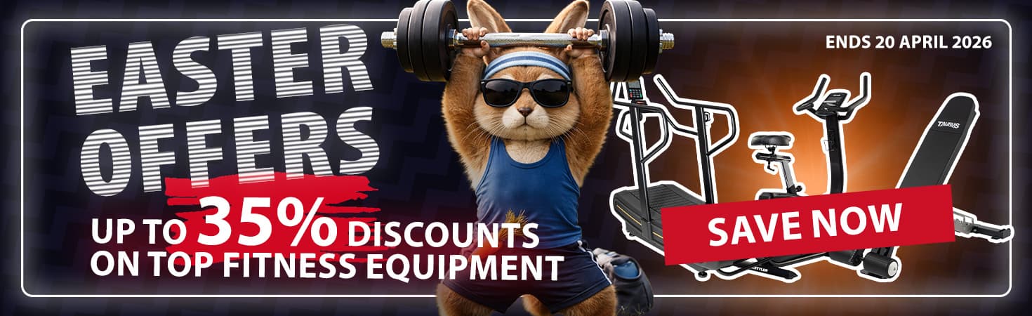 Ad banner with dark colors. In the center, an illustrated rabbit in workout clothes is shown lifting a barbell overhead. To the left, the texts read: “Easter Offers. Up to 40% discounts on top fitness equipment.” To the right, there are three pieces of fitness equipment, and the text reads: “Save now. Ends 20 April 2026.”