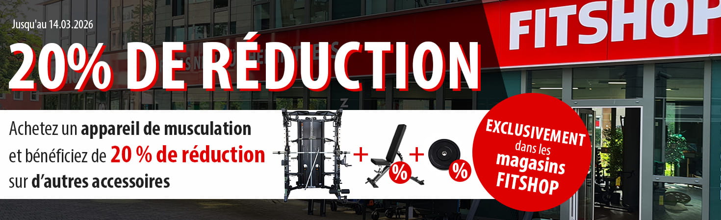 "Une bannière publicitaire avec un magasin Fitshop en arrière-plan. Il est écrit : 
«Jusqu'au 14.03.2026. 20 % de réduction. Achetez un appareil de musculation et bénéficiez
 de 20 % de réduction sur des accessoires supplémentaires. Exclusivement dans les 
magasins Fitshop. » À titre d’exemple, une image montre un ensemble composé d’une station
 de musculation, d’un banc de musculation et d’un disque de musculation.
"