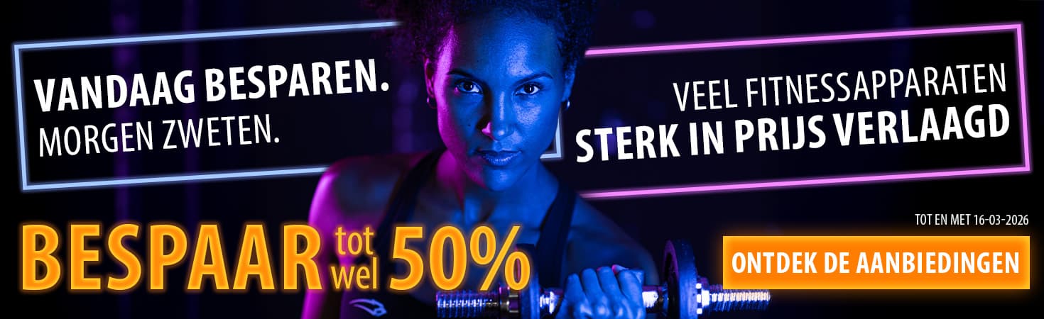 "Reclamebanner met neonkleuren op een donkere achtergrond.  In het midden houdt een persoon een halter vast.  Links en rechts staat de tekst: ""Vandaag besparen. Morgen zweten. Veel fitnessapparaten sterk afgeprijsd. Bespaar tot xx%.  Tot en met 16-03-2026. Ontdek de aanbiedingen."" "