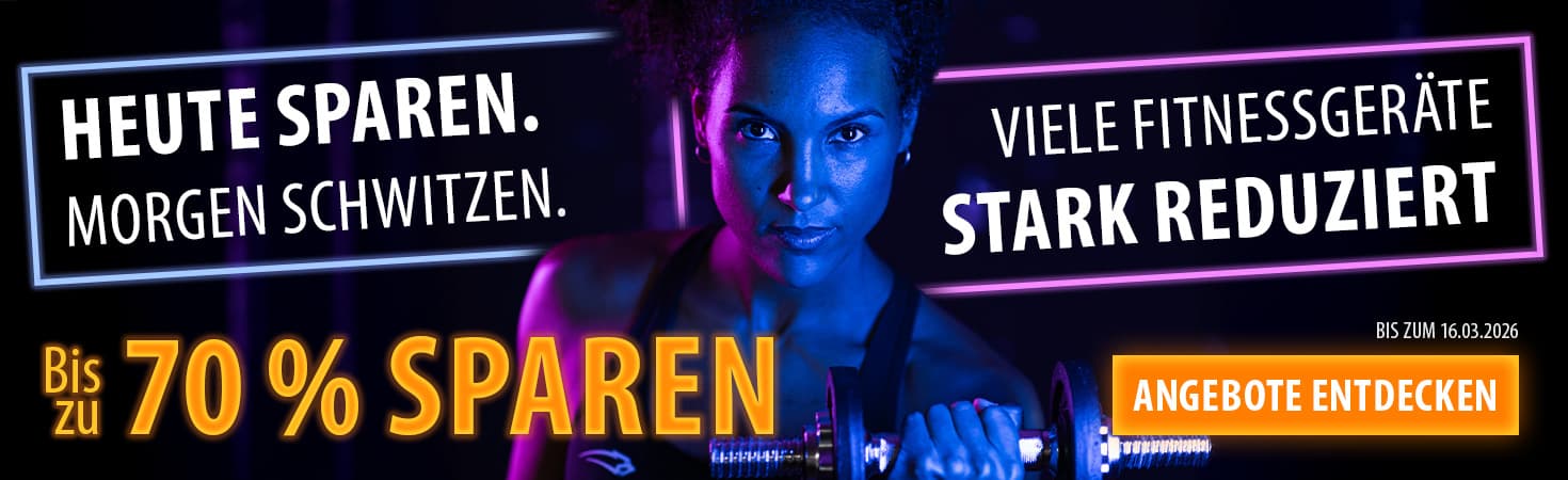 Werbebanner mit Neonfarben auf dunklem Hintergrund. In der Mitte eine Person mit einer Kurzhantel in der Hand. Links und rechts daneben der Text: "Heute sparen. Morgen schwitzen. Viele Fitnessgeräte stark reduziert. Bis zu xx % sparen. Bis zum 16.03.2026. Angebote entdecken".