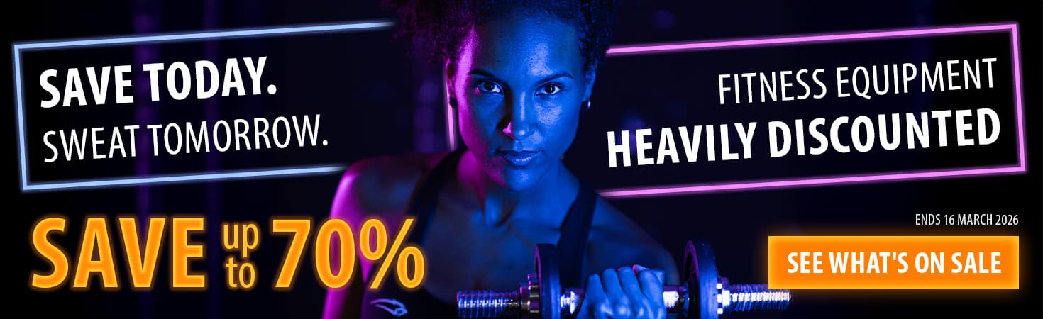 Ad banner with neon colours on a dark background. In the middle is a person holding a dumbbell. To their left and right, texts read: "Sweat today. Save tomorrow. Fitness equipment heavily discounted. Save up to xx%. Ends 16 March 2026. See what's on sale."
