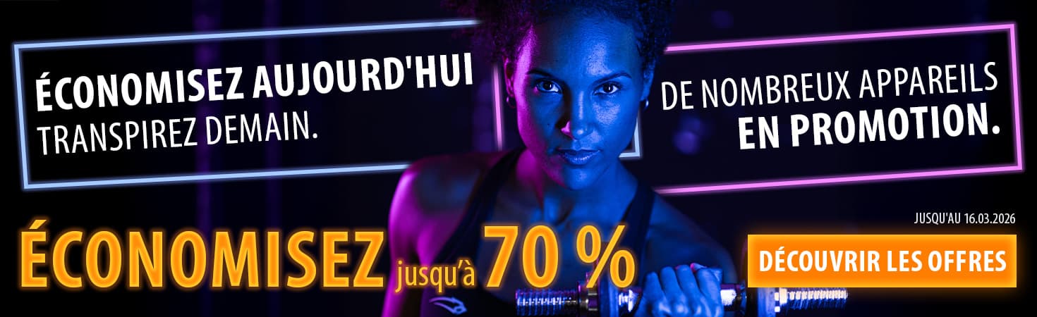"Bannière promotionnelle aux couleurs néon sur un fond sombre. Au centre, une personne tient un haltère. À gauche et à droite, le texte ""Économisez aujourd'hui. Transpirez demain. De nombreux appareils en  promotion. Économisez jusqu'à xx%. Jusqu'au  16.03.2026. Découvrir les offres."""
