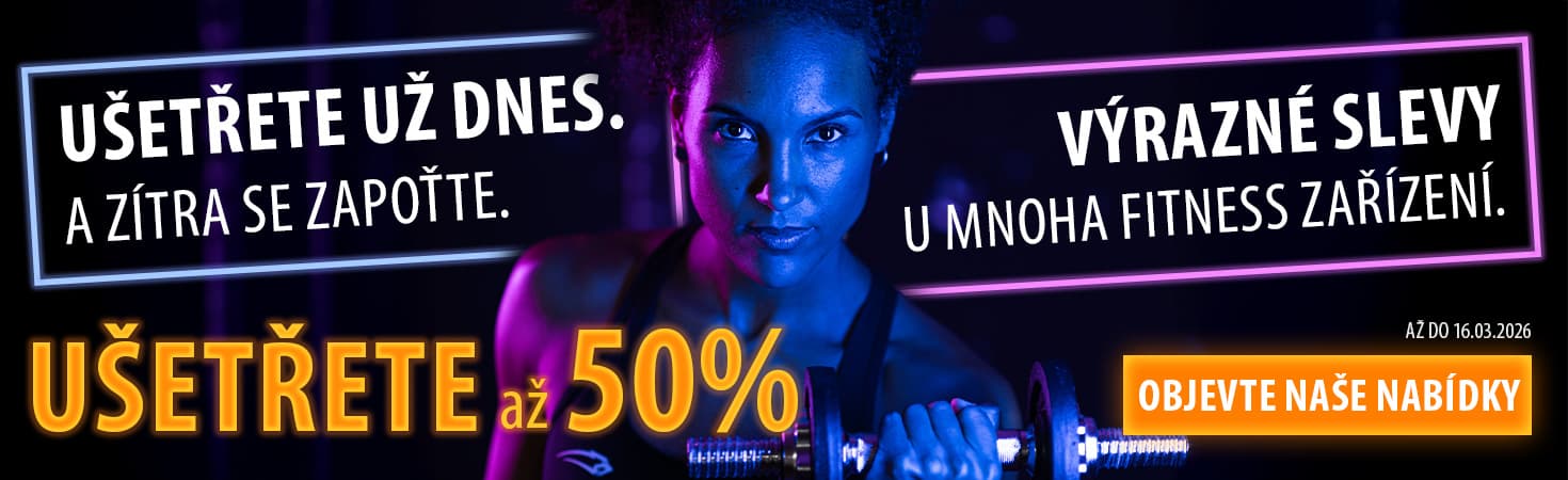 Reklamní banner s neonovými barvami na tmavém pozadí. Uprostřed osoba s činkou v ruce. Vlevo a vpravo vedle ní text: „Dnes ušetřete. A zítra se zapoťte. Výrazné slevy  u mnoha fitness zařízení. Ušetřete až xx %. Do 16. 3. 2026. Objevte nabídky“.