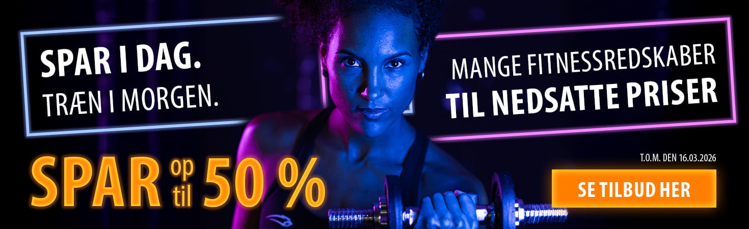 Reklamebanner i neonfarver på mørk baggrund. I midten står en person med en håndvægt i hånden. Til venstre og højre er der tekst: Spar i dag. Træn i morgen. Mange fitnessredskaber til nedsatte priser. Spar op til xx  %. T.o.m. den 16.03.2026. Se tilbud her