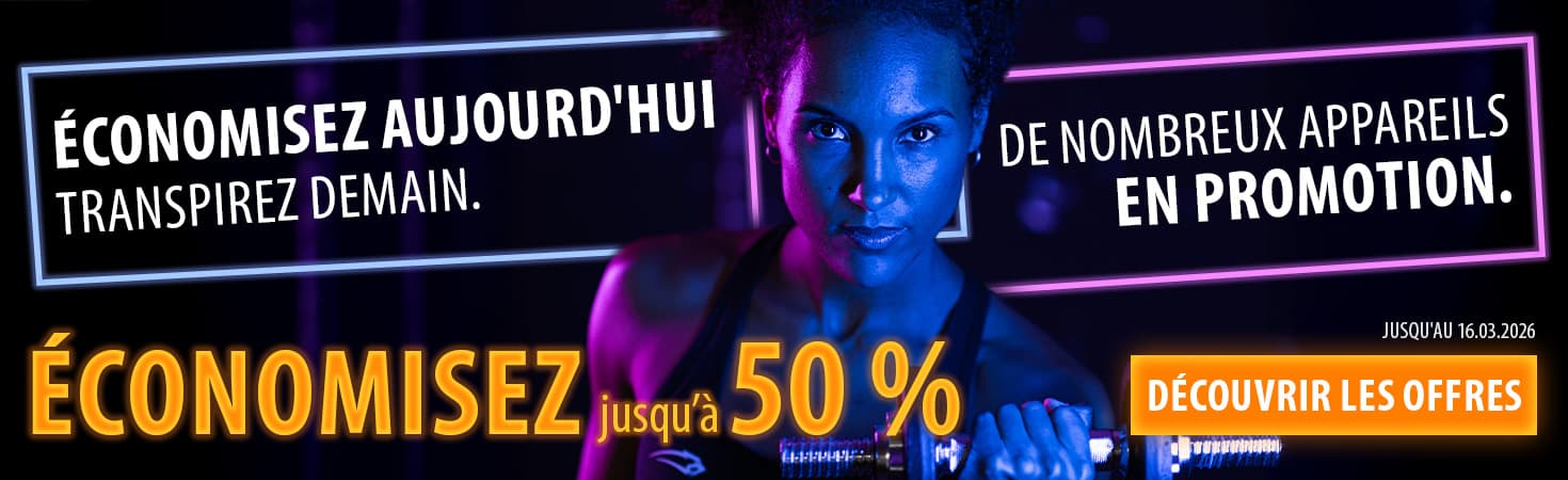 "Bannière promotionnelle aux couleurs néon sur un fond sombre. Au centre, une personne tient un haltère. À gauche et à droite, le texte ""Économisez aujourd'hui. Transpirez demain. De nombreux appareils en  promotion. Économisez jusqu'à xx%. Jusqu'au  16.03.2026. Découvrir les offres."""