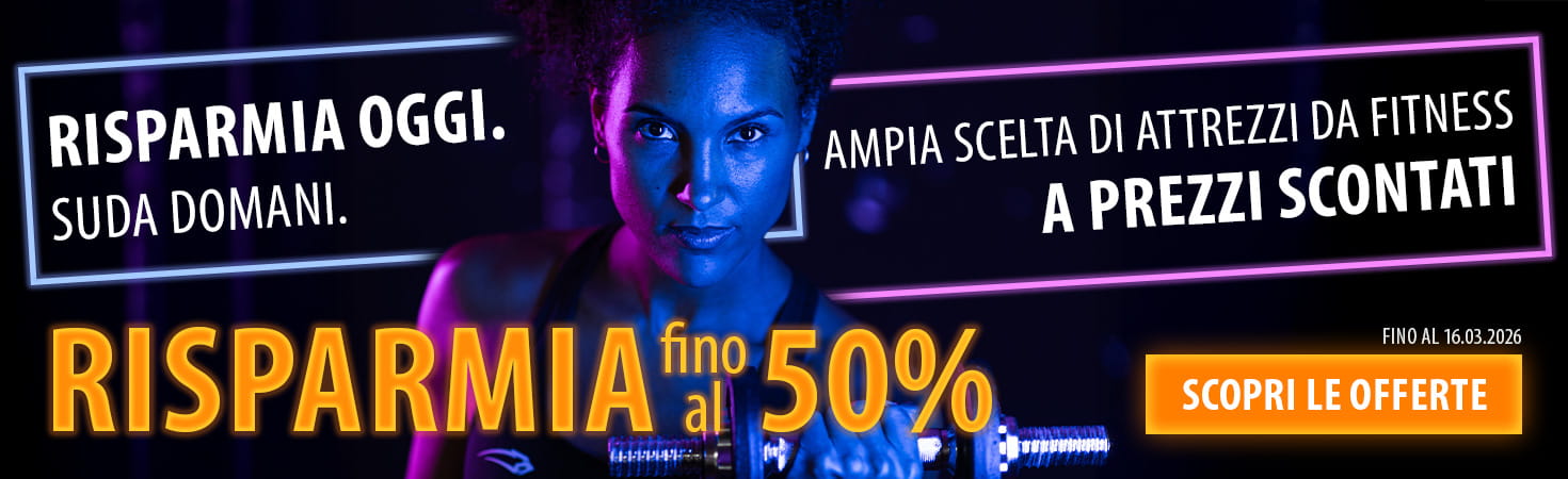 Banner pubblicitario con colori al neon su sfondo scuro. Al centro, una persona con un manubrio in mano. A sinistra e a destra, il testo: “Risparmia oggi. Suda domani. Ampia scelta di attrezzi da fitness a prezzi scontati. Risparmia fino al 70%. Fino al 16.03.2026. Scopri le offerte”.