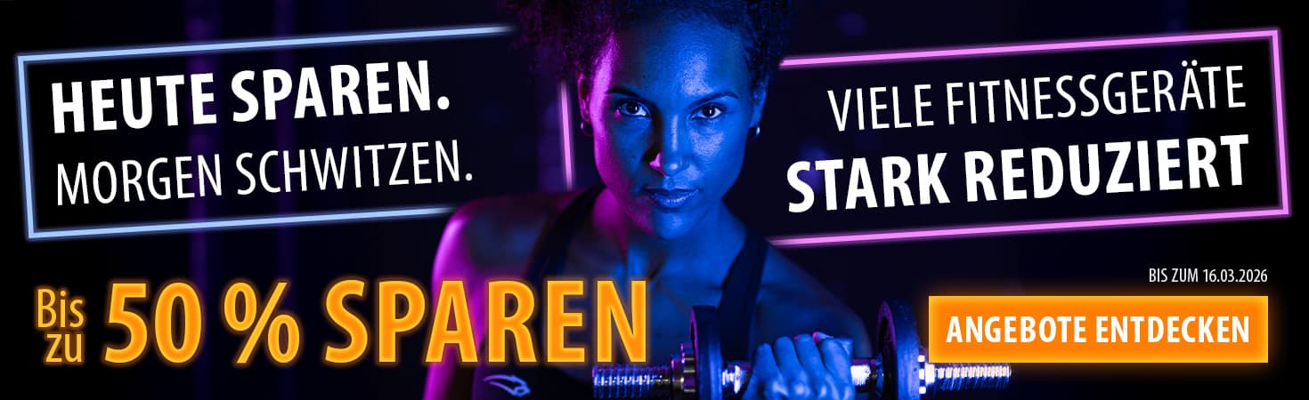 Werbebanner mit Neonfarben auf dunklem Hintergrund. In der Mitte eine Person mit einer Kurzhantel in der Hand. Links und rechts daneben der Text: "Heute sparen. Morgen schwitzen. Viele Fitnessgeräte stark reduziert. Bis zu xx % sparen. Bis zum 16.03.2026. Angebote entdecken".