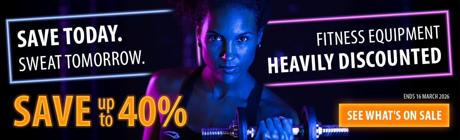 Ad banner with neon colours on a dark background. In the middle is a person holding a dumbbell. To their left and right, texts read: "Sweat today. Save tomorrow. Fitness equipment heavily discounted. Save up to xx%. Ends 16 March 2026. See what's on sale."