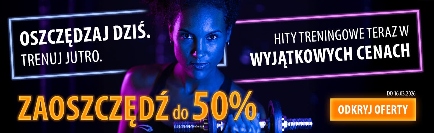 Baner reklamowy w neonowych kolorach na ciemnym tle. Na środku osoba trzymająca w ręce hantel. Po lewej i prawej stronie tekst: Oszczędzaj dziś. Trenuj jutro. Hity treningowe teraz w wyjątkowych cenach. Zaoszczędź do xx%. Mo. 16.03.2026. Odkryj oferty"
