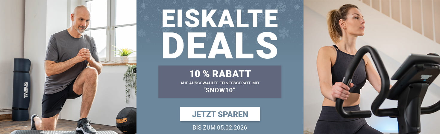 Ein dreigeteilter Werbebanner: Links ein Bild einer Person in Sportbekleidung, die einen Ausfallschritt macht. Rechts ein Bild einer Person in Sportbekleidung auf einem Ergometer. In der Mitte auf blauem Hintergrund der Text: 'Eiskalte Deals. 10 % Rabatt auf ausgewählte Fitnessgeräte mit SNOW10. Jetzt sparen. Bis zum 05.02.2026.'