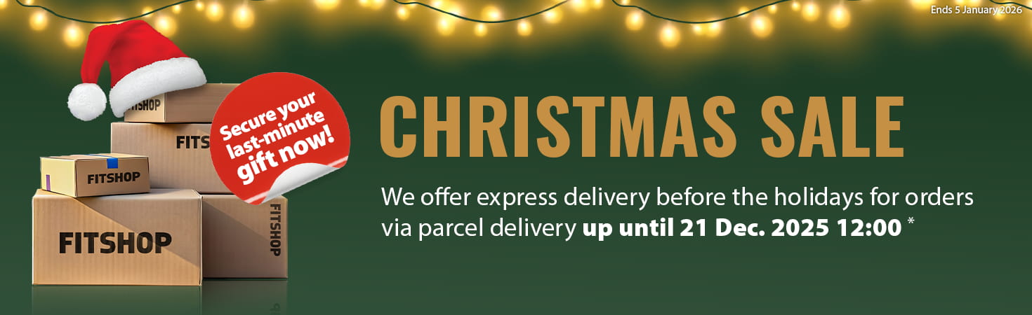 A Christmas ad banner with green background and a string of lights along the top border. On the left side are many packages labelled “Fitshop”. Beside them are multiple gift cards. A red, highlighted text box reads “The perfect last-minute gift: the Fitshop gift card”. On the right side in large letters is written, “Christmas Sale” with the subtext “Delivery before the holidays!”