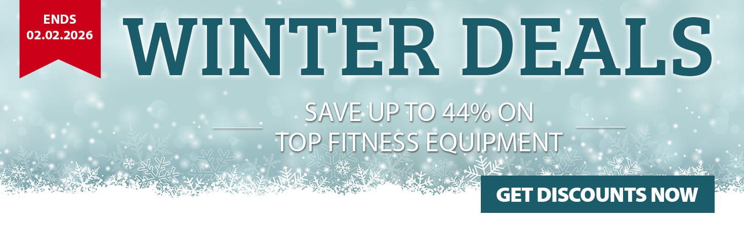Wintery ad banner with snowflakes. In the centre is the text: Winter Deals. Up to 35 % off top fitness equipment. In the top-left, highlighted in red: Ends 2 February 2026. Below is another text box: Get your discount now