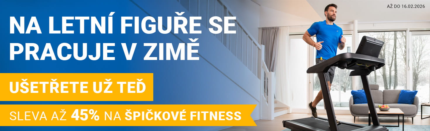 Reklamní banner zobrazuje vpravo osobu v sportovním oblečení na běžeckém pásu v domácím prostředí. Na levé straně je velkými písmeny napsán text: Těla do plavek už v zimě. Až 45 % sleva na špičkové fitness vybavení. Ušetřete hned. Do 16. 2. 2026.