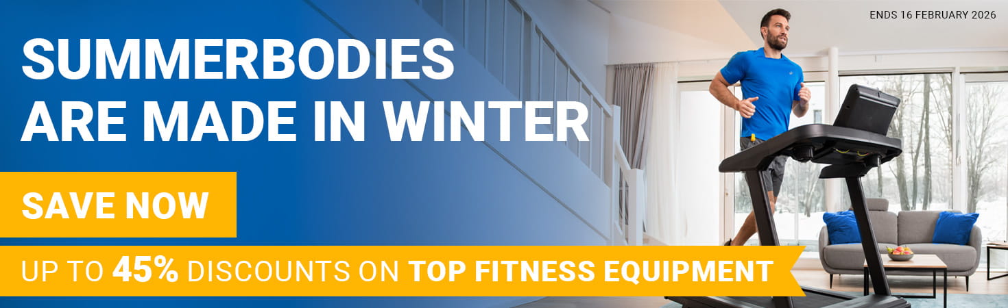 Ad banner shows a person in athletic wear on a treadmill in a cosy living area on the right side, and on the left in large letters the text: Summer bodies are made in winter. Up to 45% discounts on top fitness equipment. Save now. Ends 16 February 2026.