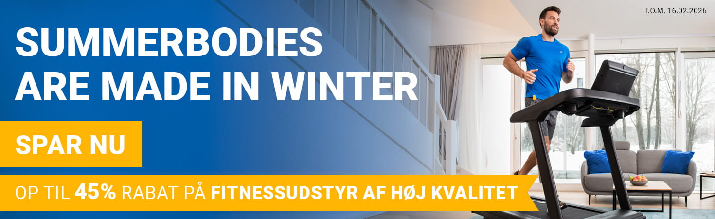 Reklamebanner med person i sportstøj, der løber på løbebånd i hjemlige omgivelser. Tekst: Summerbodies are made in winter. Spar nu. Op til 45 % rabat på fitnessudstyr af høj kvalitet.