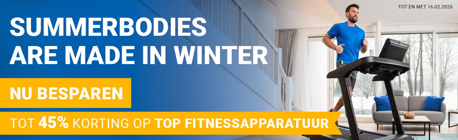 Il banner pubblicitario mostra a destra una persona in abbigliamento sportivo su un tapis roulant in un ambiente domestico. Sul lato sinistro, in maiuscolo, il testo: Summerbodeis are made in Winter. Fino al 50% di sconto sui migliori attrezzi per il fitness. Risparmia ora. Fino al 16/02/2026..
