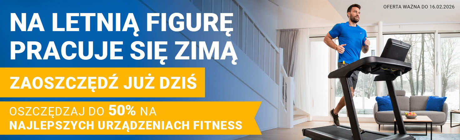 Banner reklamowy przedstawia po prawej stronie osobę w odzieży sportowej ćwiczącą na bieżni w przytulnym, domowym wnętrzu. Po lewej stronie, dużymi literami, widnieje hasło: Na letnią formę pracuje się zimą. Do 50% rabatu na topowe urządzenia fitness. Kupuj teraz. Oferta ważna do 16.02.2026.